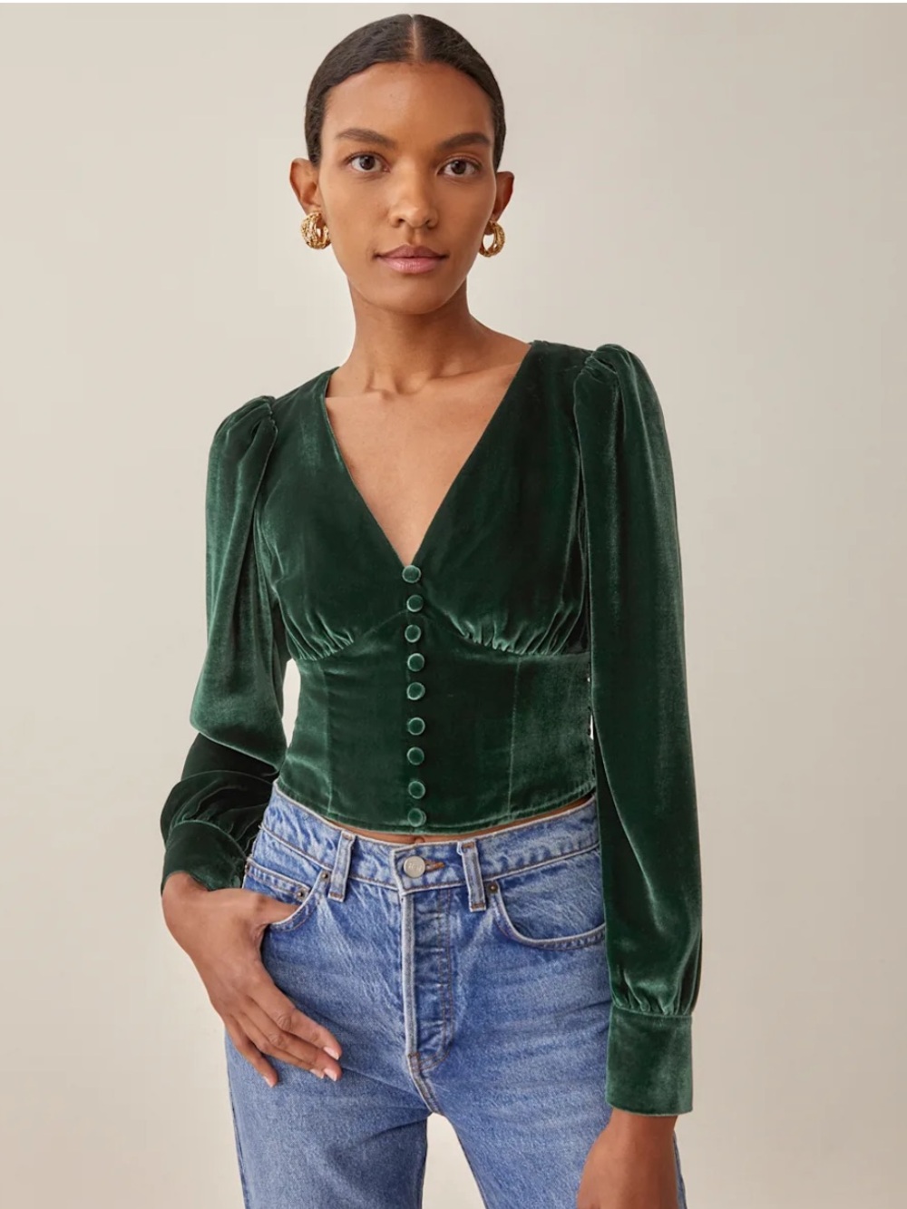 Reformation Women's Henning Green Velvet Button-Front Open Back Top Size 2
